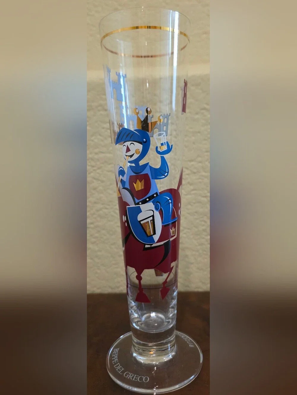 Vintage 1990s Rittenhouse Beppe Del Greco Knight Pilsner Beer Glass Gold Trim